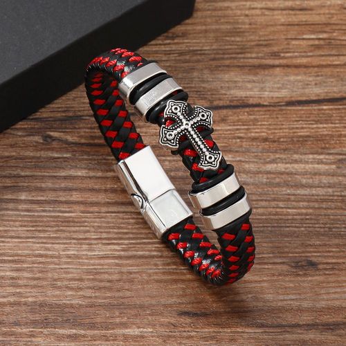 Men's Cross Braided Leather Bracelet Magnetic Clasp Faith Jewelry 21cm Alloy Charm for Kenya