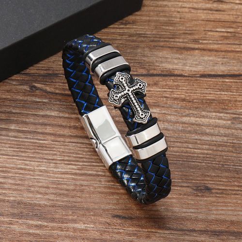 Men's Cross Braided Leather Bracelet Magnetic Clasp Faith Jewelry 21cm Alloy Charm for Kenya