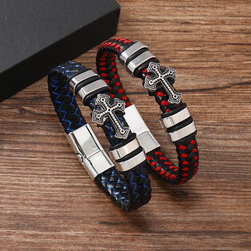 Men's Cross Braided Leather Bracelet Magnetic Clasp Faith Jewelry 21cm Alloy Charm for Kenya