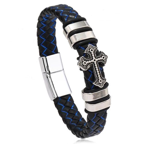 Men's Cross Braided Leather Bracelet Magnetic Clasp Faith Jewelry 21cm Alloy Charm for Kenya
