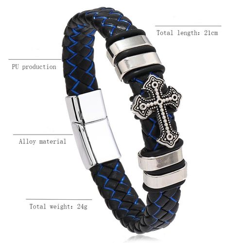 Men's Cross Braided Leather Bracelet Magnetic Clasp Faith Jewelry 21cm Alloy Charm for Kenya