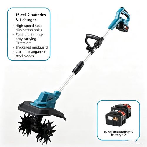 (2 Batteries) Lithium-Powered Micro-Tiller  Cultivator – 4-Blade Soil Loosener – Compact Electric Agricultural Tiller for Home Use