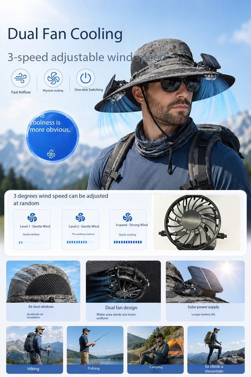 Solar Powered Fan Hat Wide Brim Sun Protection Cap for Outdoor Fishing Hiking