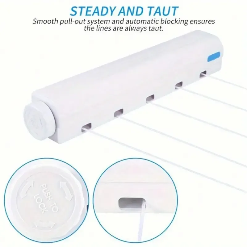 Retractable 5-Line (3.7m) Clothes Dryer with Hooks – Spring-loaded, drill-free wall-mounted design suitable for drying children's clothing and towels.