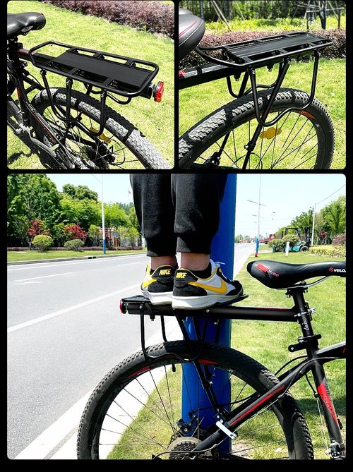 Quick Release Aluminum Alloy Bicycle Rear Rack with Safety Tail Light, Heavy Duty Universal Mountain Bike Cargo Carrier Supports Goods & Passengers, Tool-Free Easy Installation & Stable Triangle Support