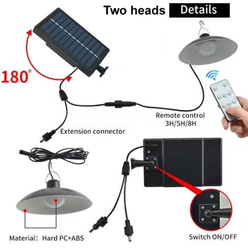 Solar Powered Pendant Light 2 Heads with Remote Control Indoor Outdoor Waterproof Lamp