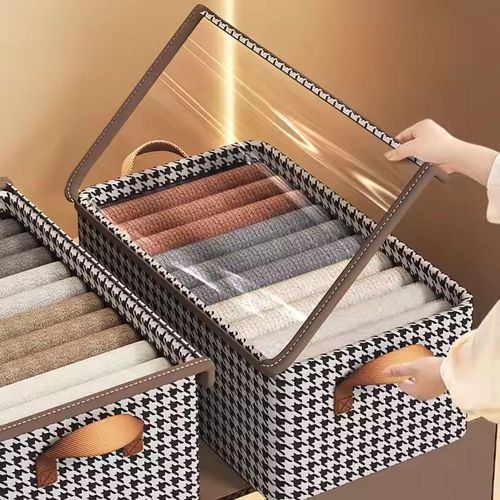 (Pack of 5) Collapsible Houndstooth Storage Basket with Lid and Steel Frame – Home Wardrobe Organizer for Pants Clothing
