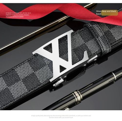 Men's Automatic Buckle Belt Letter Plaid Pattern Business Casual Cowhide Leather Belt