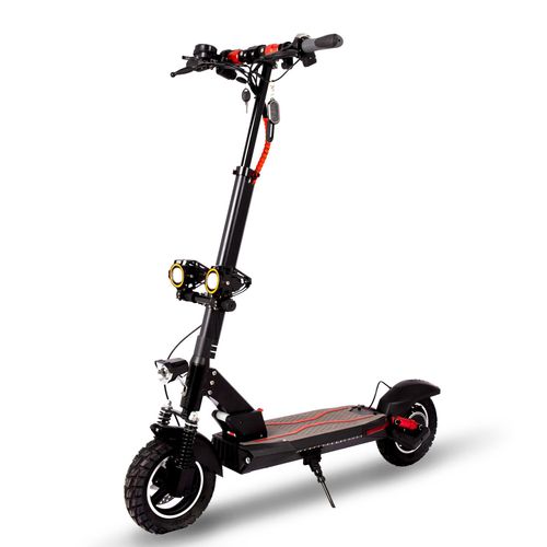 Foldable electric scooter for adults featuring dual suspension, a seat, and a carrying handle.