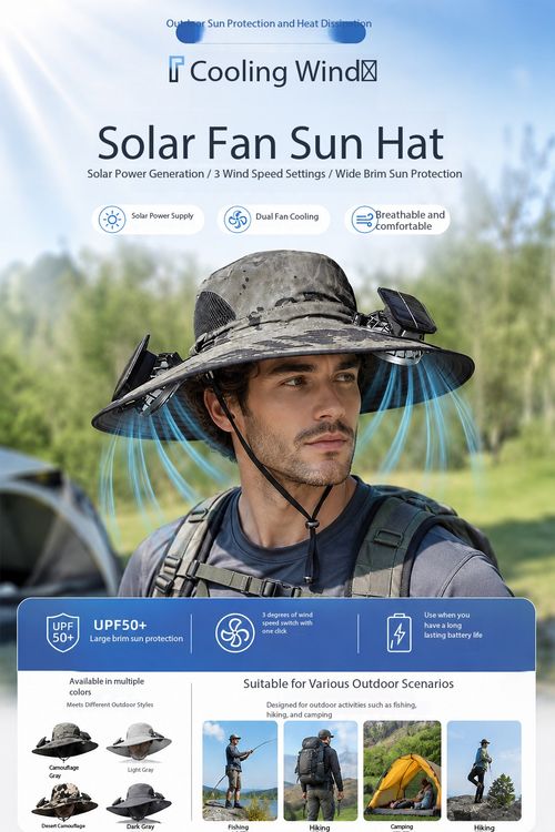 Solar Powered Fan Hat Wide Brim Sun Protection Cap for Outdoor Fishing Hiking