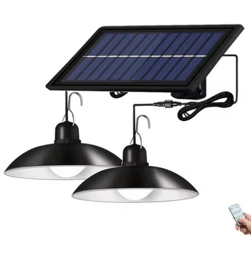Solar Powered Pendant Light 2 Heads with Remote Control Indoor Outdoor Waterproof Lamp