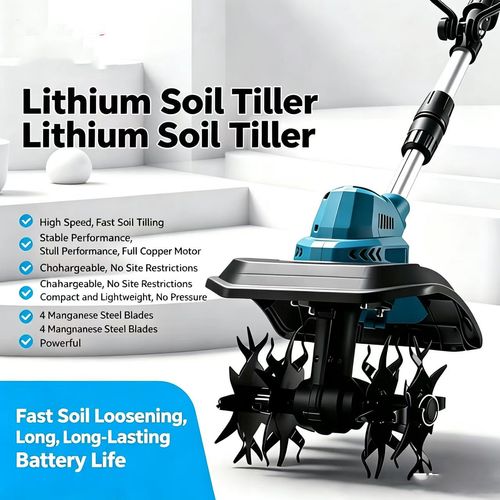(2 Batteries) Lithium-Powered Micro-Tiller  Cultivator – 4-Blade Soil Loosener – Compact Electric Agricultural Tiller for Home Use