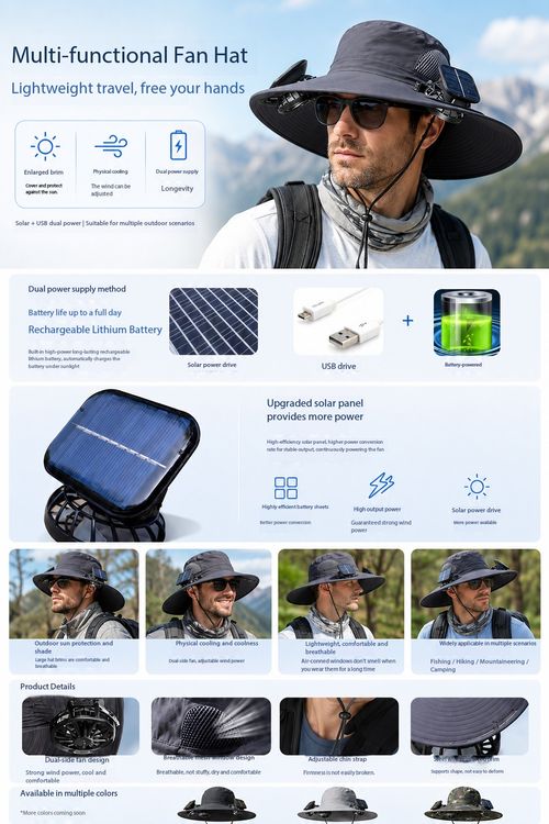 Solar Powered Fan Hat Wide Brim Sun Protection Cap for Outdoor Fishing Hiking