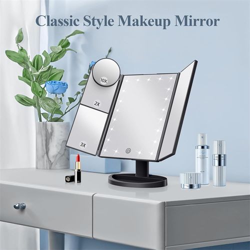 Tri-Fold LED Lighted Makeup Mirror With Magnifier