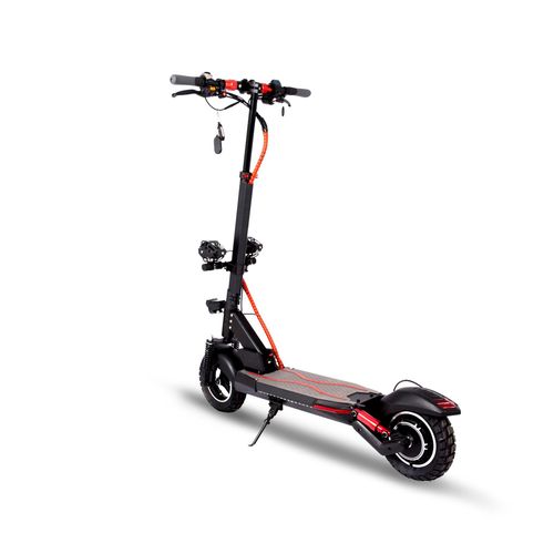 Foldable electric scooter for adults featuring dual suspension, a seat, and a carrying handle.