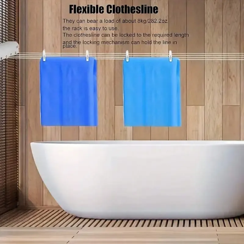 Retractable 5-Line (3.7m) Clothes Dryer with Hooks – Spring-loaded, drill-free wall-mounted design suitable for drying children's clothing and towels.