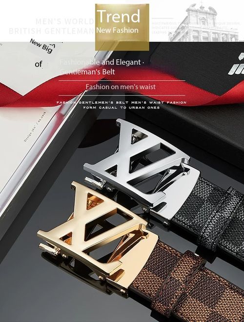 Men's Automatic Buckle Belt Letter Plaid Pattern Business Casual Cowhide Leather Belt
