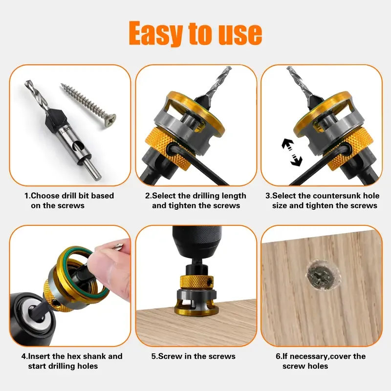 4PCS HCS (High Carbon Steel) 4-Blade Countersink Drill Bit Set with Adjustable Depth Stop, L-Shape Wrench, Work Tools for Precision Drilling, Suitable for Wood and Plastic, Tool Included for Drilling in Wood and Plastic