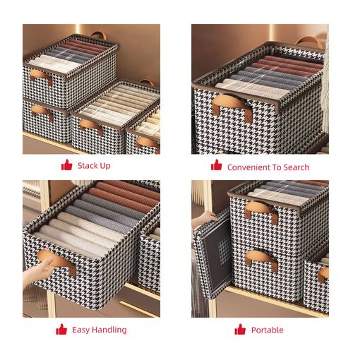 (Pack of 5) Collapsible Houndstooth Storage Basket with Lid and Steel Frame – Home Wardrobe Organizer for Pants Clothing