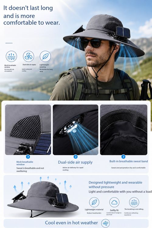 Solar Powered Fan Hat Wide Brim Sun Protection Cap for Outdoor Fishing Hiking
