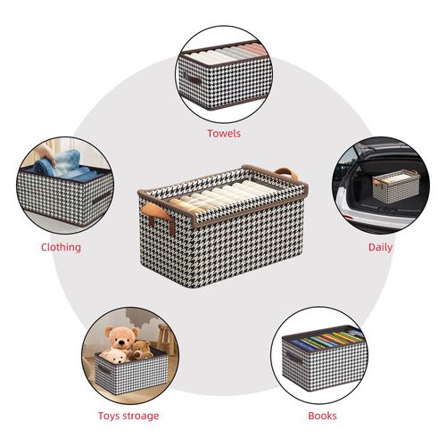 (Pack of 5) Collapsible Houndstooth Storage Basket with Lid and Steel Frame – Home Wardrobe Organizer for Pants Clothing