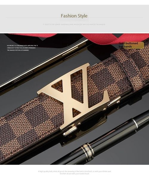 Men's Automatic Buckle Belt Letter Plaid Pattern Business Casual Cowhide Leather Belt