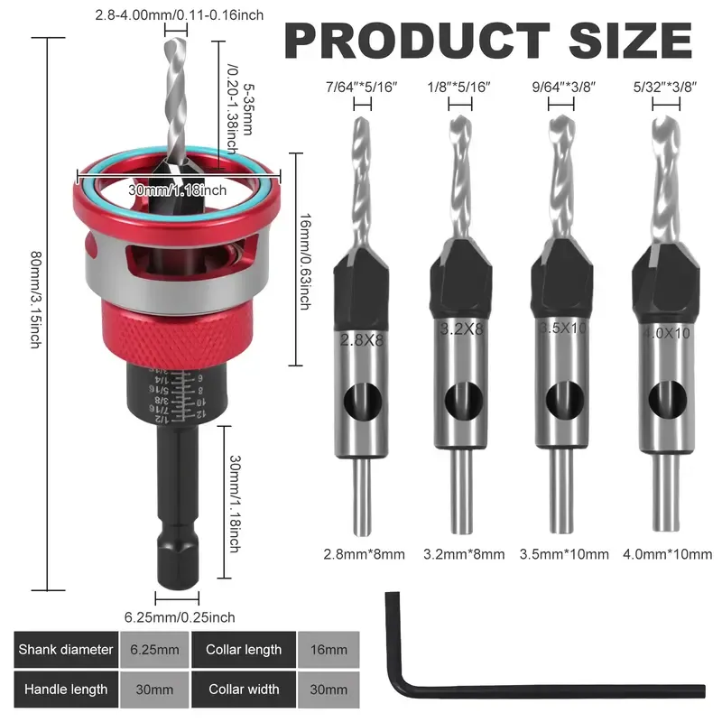 4PCS HCS (High Carbon Steel) 4-Blade Countersink Drill Bit Set with Adjustable Depth Stop, L-Shape Wrench, Work Tools for Precision Drilling, Suitable for Wood and Plastic, Tool Included for Drilling in Wood and Plastic
