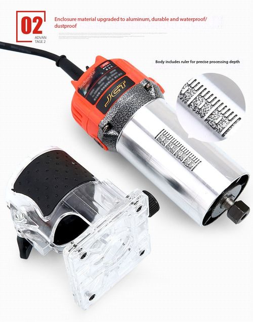 1100W Aluminum-Body Woodworking Trimmer Router – Industrial-Grade Multifunctional Tool for Inverted Mounting, Routing, Hole Cutting, and Aluminum-Plastic Panel Grooving  Includes Straight Guide, Roller Guide, Original Carbon Brushes, Router Bit, and Wrench.