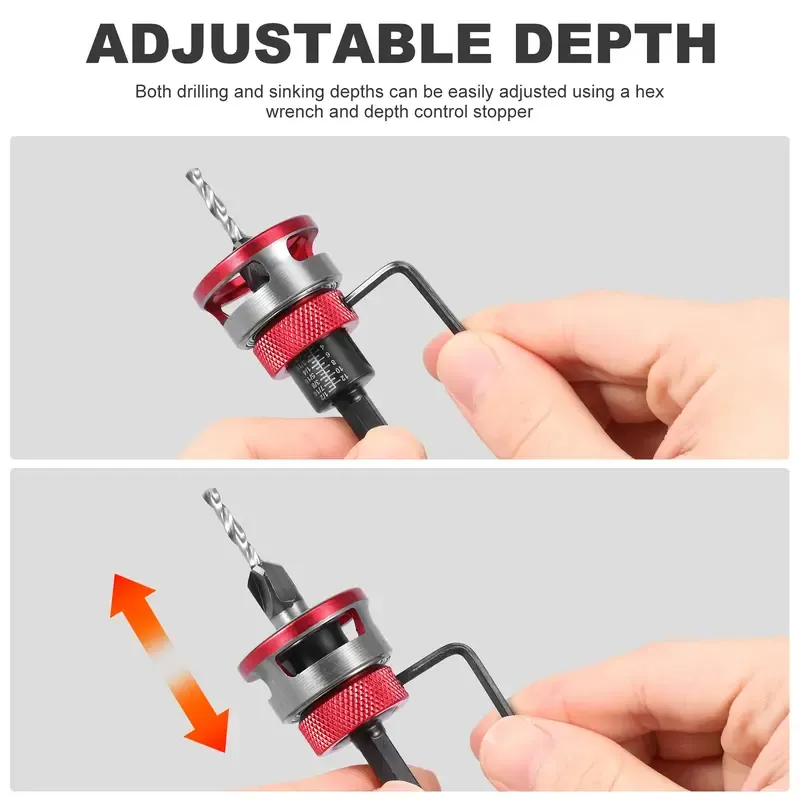 4PCS HCS (High Carbon Steel) 4-Blade Countersink Drill Bit Set with Adjustable Depth Stop, L-Shape Wrench, Work Tools for Precision Drilling, Suitable for Wood and Plastic, Tool Included for Drilling in Wood and Plastic
