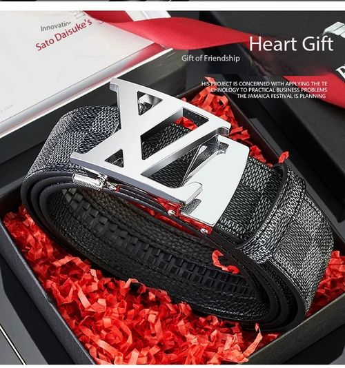 Men's Automatic Buckle Belt Letter Plaid Pattern Business Casual Cowhide Leather Belt