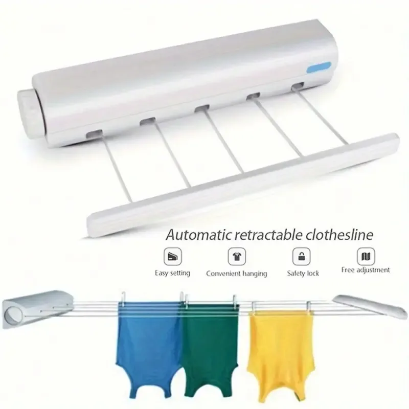 Retractable 5-Line (3.7m) Clothes Dryer with Hooks – Spring-loaded, drill-free wall-mounted design suitable for drying children's clothing and towels.