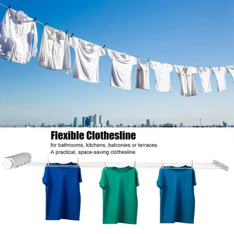 Retractable 5-Line (3.7m) Clothes Dryer with Hooks – Spring-loaded, drill-free wall-mounted design suitable for drying children's clothing and towels.