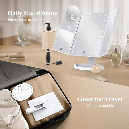 Tri-Fold LED Lighted Makeup Mirror With Magnifier
