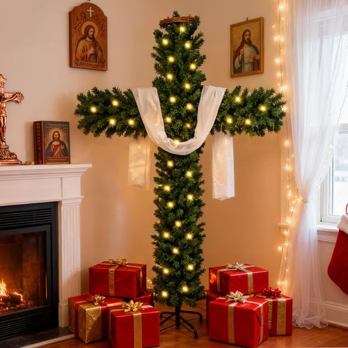 🔥Skinny Cross Christmas Tree with Plug-in String Lights & White Silk Scarf & Crown of Thorns🔥