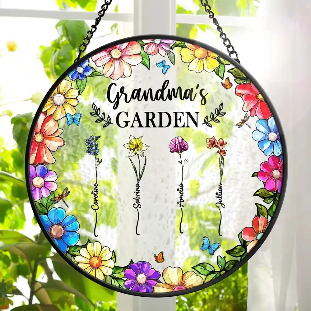 Floral Frame Birth Flower Grandma's Garden - Personalized Stained Glass Window Hanging Suncatcher