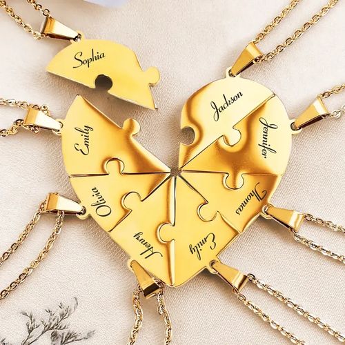 Personalized Puzzle Heart Necklace Set – Custom Name Engraved Family or Friendship Jewelry