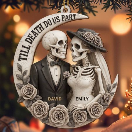 Bis dass der Tod uns scheidet, Skelette und Rosen – Personalisiertes Holzornament, individuell geformt