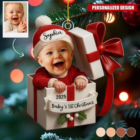 Personalisierte Babyfoto-Weihnachtsdekoration aus Acryl (2D) in Geschenkbox
