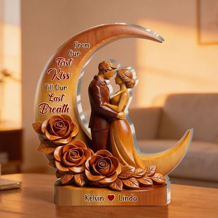 Personal isiert von unserem ersten Kuss bis zu unserem letzten Atemzug Acryl-Plakette | Custom Name Junges Paar Mond Rose Andenken
