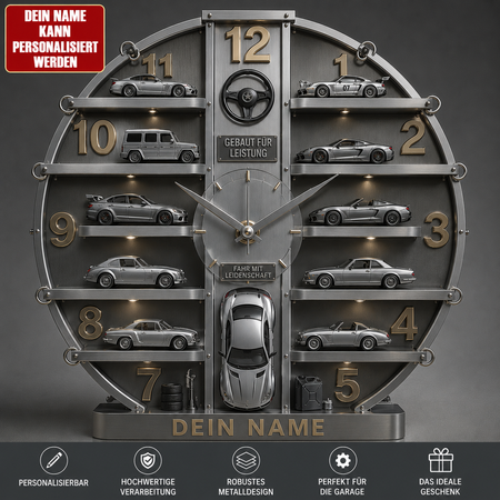 Personal isierte Garage-Wanduhr im Industrial-Style für Auto-Enthusiasten