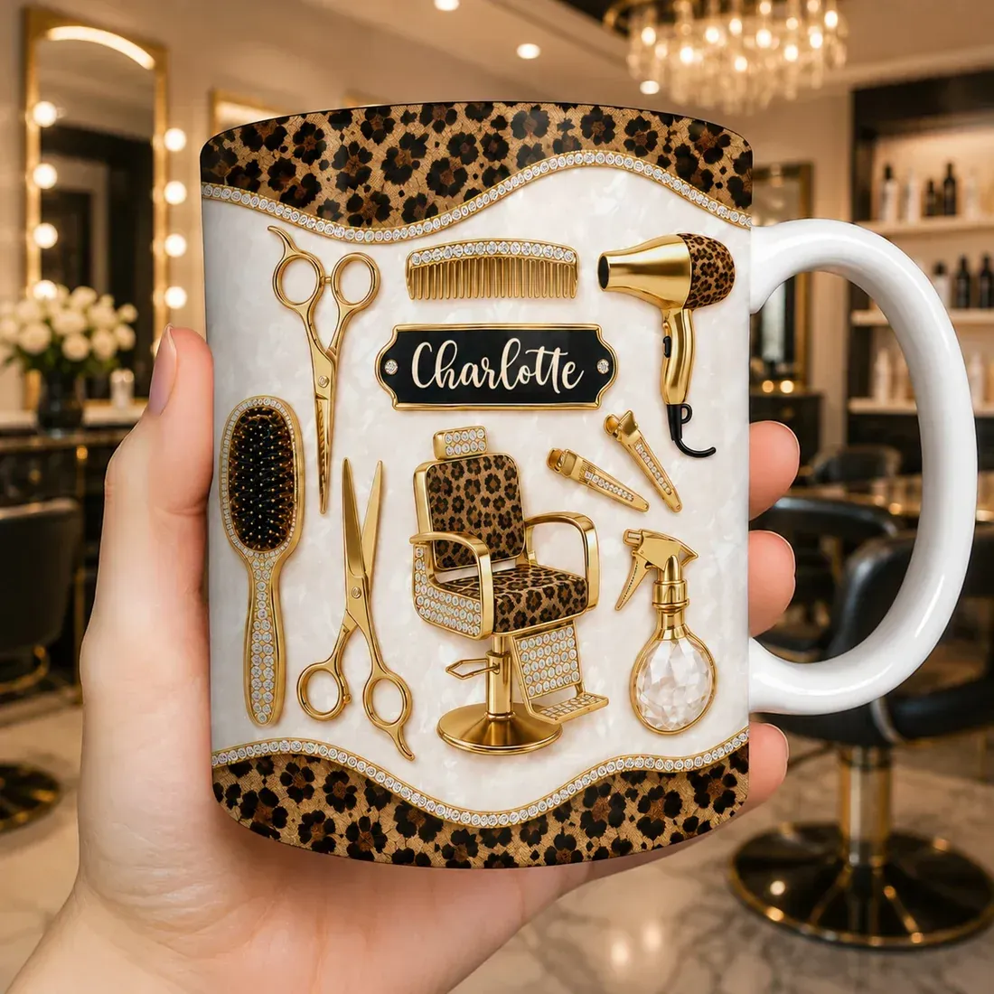 Personal isierte Friseur Becher | Custom Name Leopard Print Friseur Kaffeetasse Geschenk