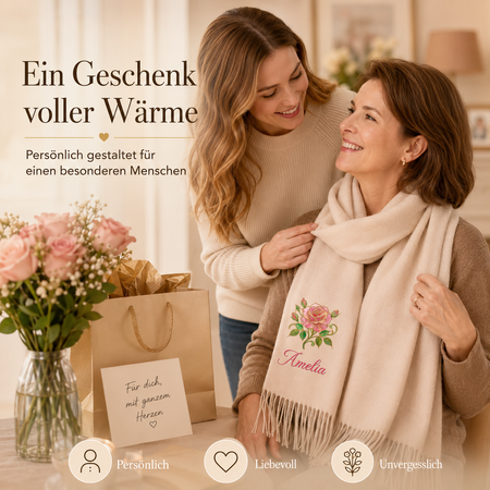 🌸 Personalisierter Damenschal mit Blumenmotiv & Name – Individueller Namensschal mit Fransen, Persönliches Geschenk für Sie