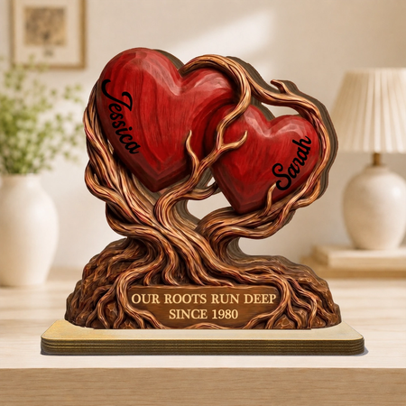 Personalisierte Tischdekoration aus Holz mit ineinander verschlungenen Baumherzen