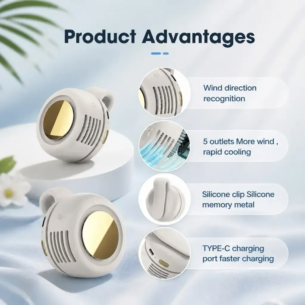 Clip-On Mini Personal Fan - 3 Speed Rechargeable Portable Wearable Fan, Lightweight USB Neck Fan with High Capacity Battery for Outdoor, Office, Travel