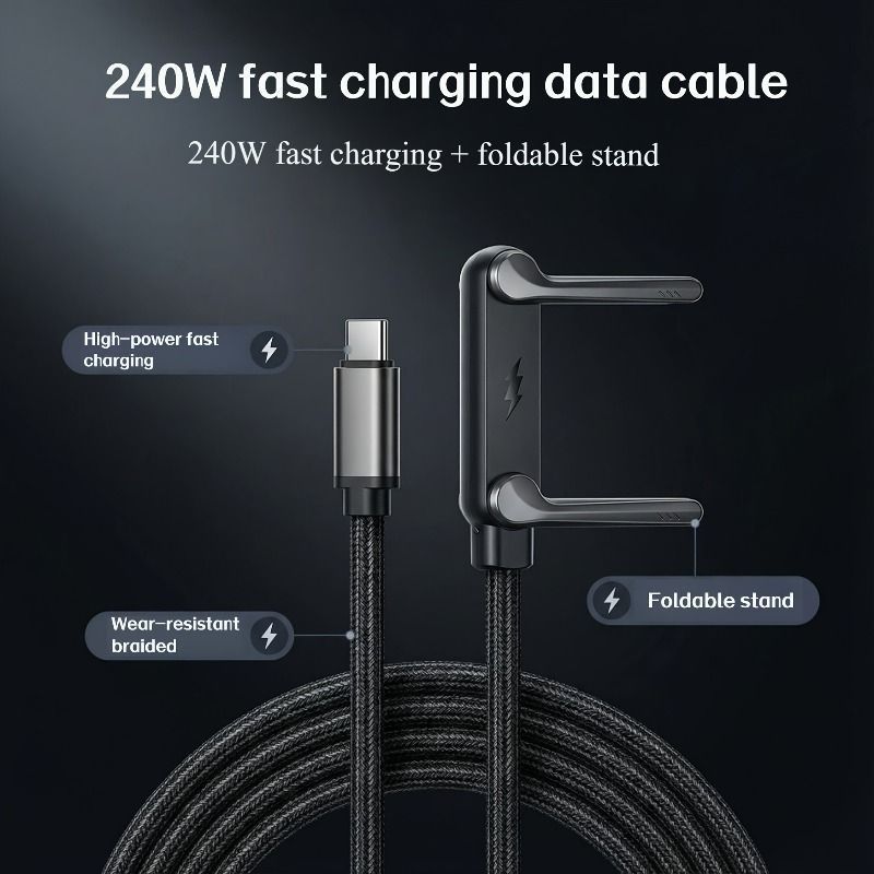 240W Ultra-Fast Charging USB-C Cable with Foldable Phone Stand – Braided Heavy-Duty Charger Cord for Gaming & Video Watching