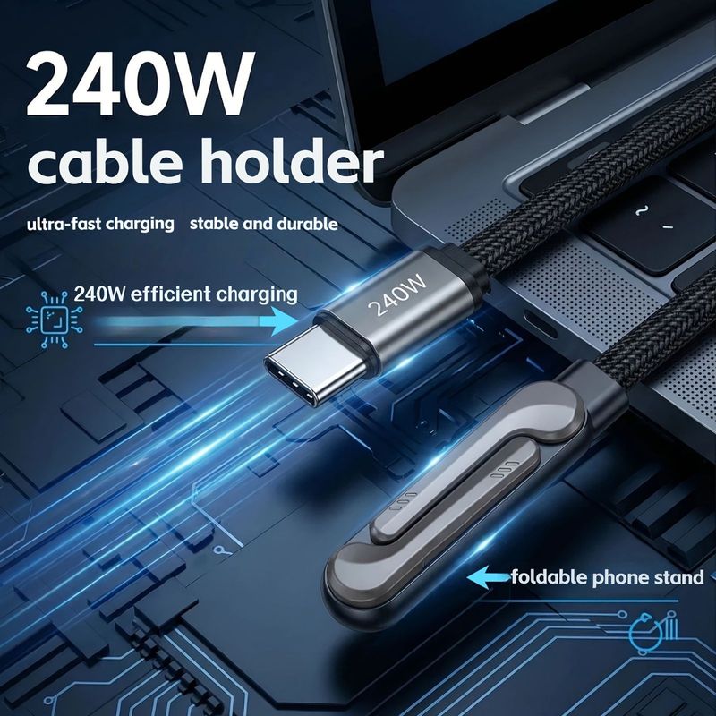 240W Ultra-Fast Charging USB-C Cable with Foldable Phone Stand – Braided Heavy-Duty Charger Cord for Gaming & Video Watching