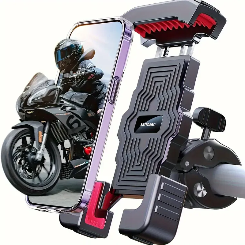 Durable ABS Motorcycle Handlebar Phone Holder - Adjustable, Secure Grip for Various Bikes, with Red Accents - Perfect for Riders