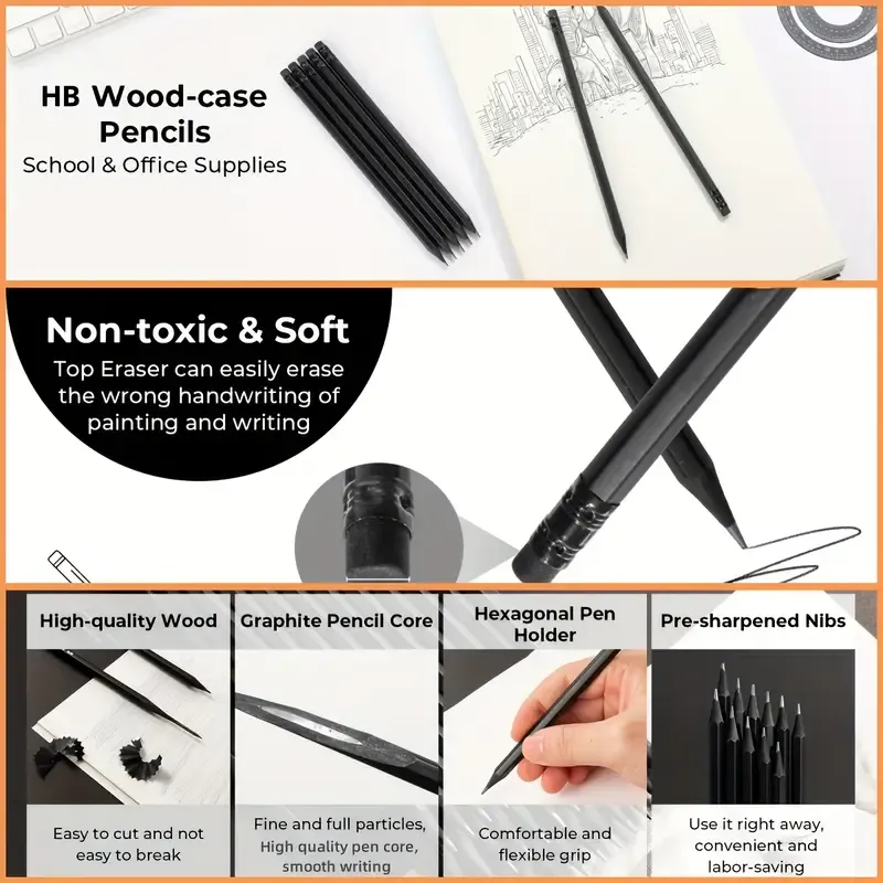 10pcs HB.2B Graphite Pencil - Premium Black Wood, Smooth 2.4mm Lead Core, Suitable for Writing, Drawing and Sketching - Durable and High Quality, Perfect for Sketching and Art Projects, Artist Sketching Pencils | Professional Appearance | Smooth Graphite Core