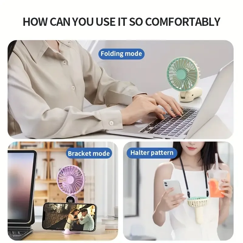 Mini Portable USB Fan with 6 Speeds and Digital Display - Foldable 3-in-1 Handheld, Neck, and Desktop Fan for Travel, Beach, and Outdoor Use - Rechargeable Lithium Battery, Travel Essentials | Modern Aesthetic | Compact Design, Portable Fans