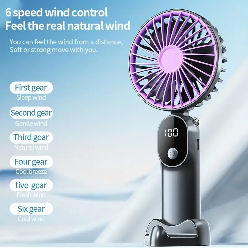 Mini Portable USB Fan with 6 Speeds and Digital Display - Foldable 3-in-1 Handheld, Neck, and Desktop Fan for Travel, Beach, and Outdoor Use - Rechargeable Lithium Battery, Travel Essentials | Modern Aesthetic | Compact Design, Portable Fans